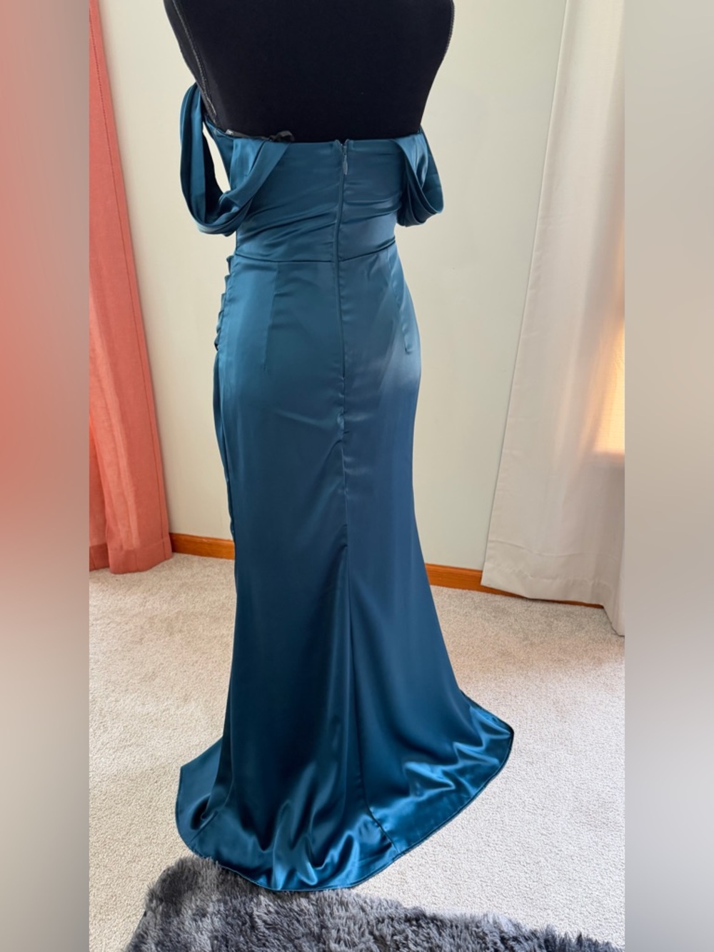 NWT Satin Dark Teal Off-Shoulder Front Leg Slit Formal Prom Dress Small - Picture 8 of 14